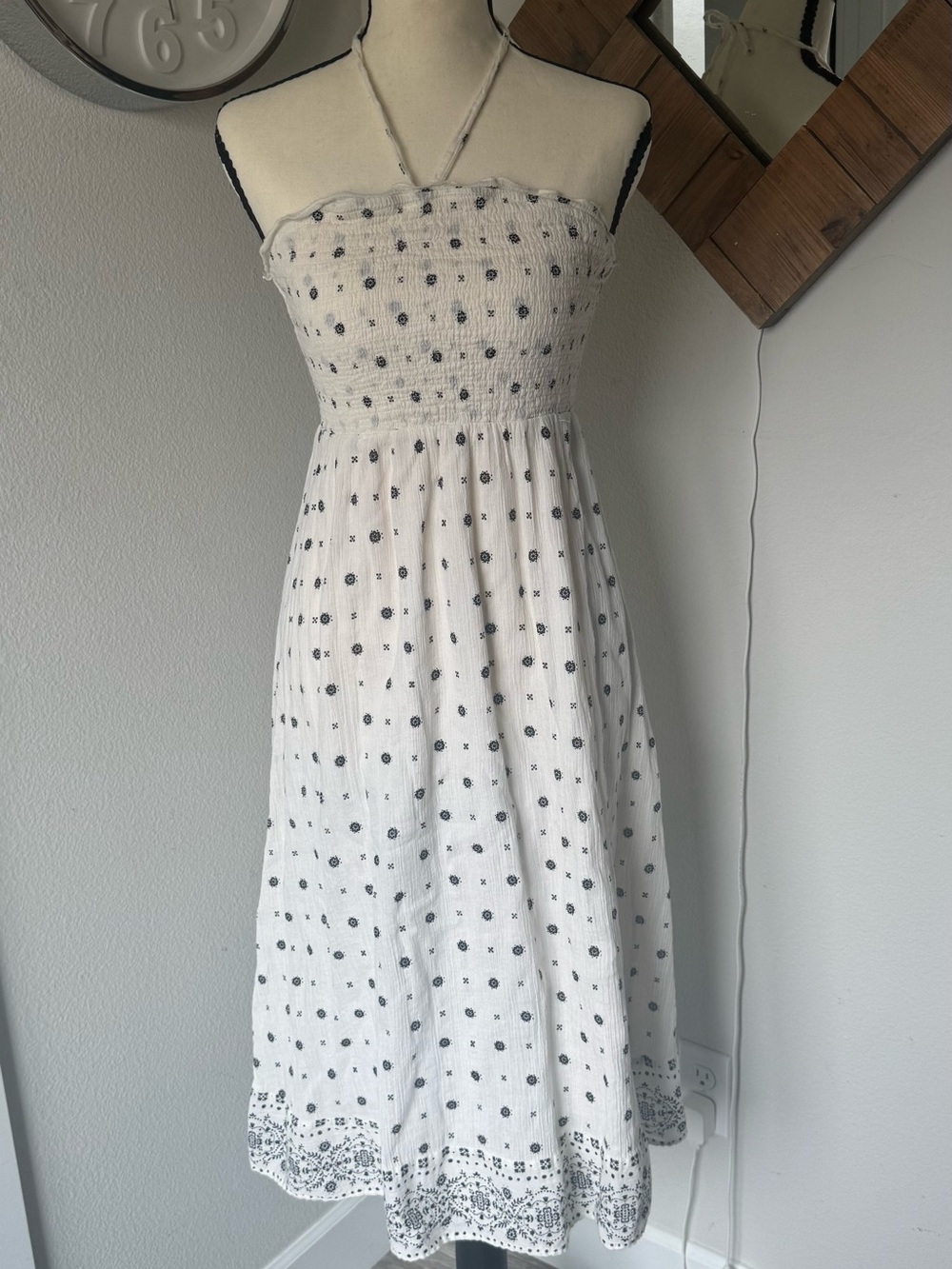 Smocked Strapless White Sundress with Black Dot Embroidery 100% Cotton Guaze